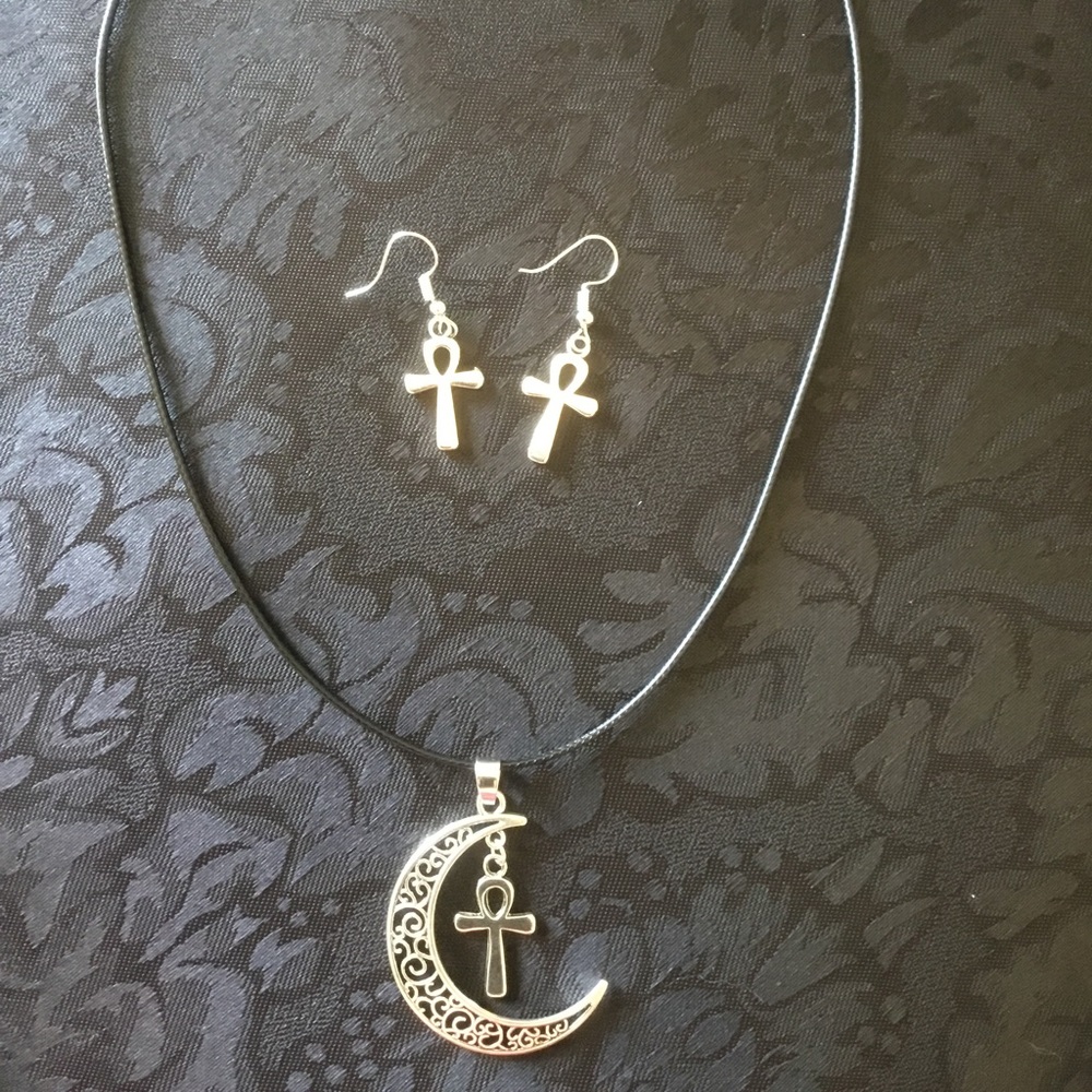 Crescent Moon with Ankh necklace & earring set.